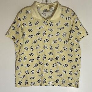 Basic Editions Polo Shirt Womens Medium Yellow Floral Short Sleeve Knit Top